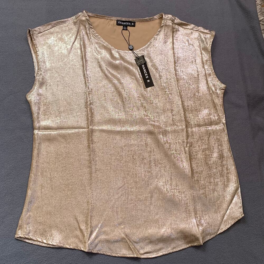 NWT Chances R Gold Copper Metallic Short Sleeve Blouse New Years Celebration Lg